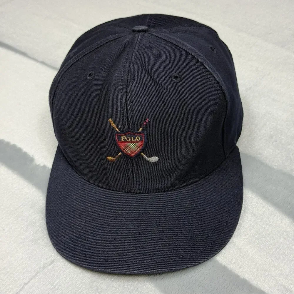 Vintage 90s Polo Ralph Lauren Golf Fitted Hat Navy Blue Plaid Crest Size Large